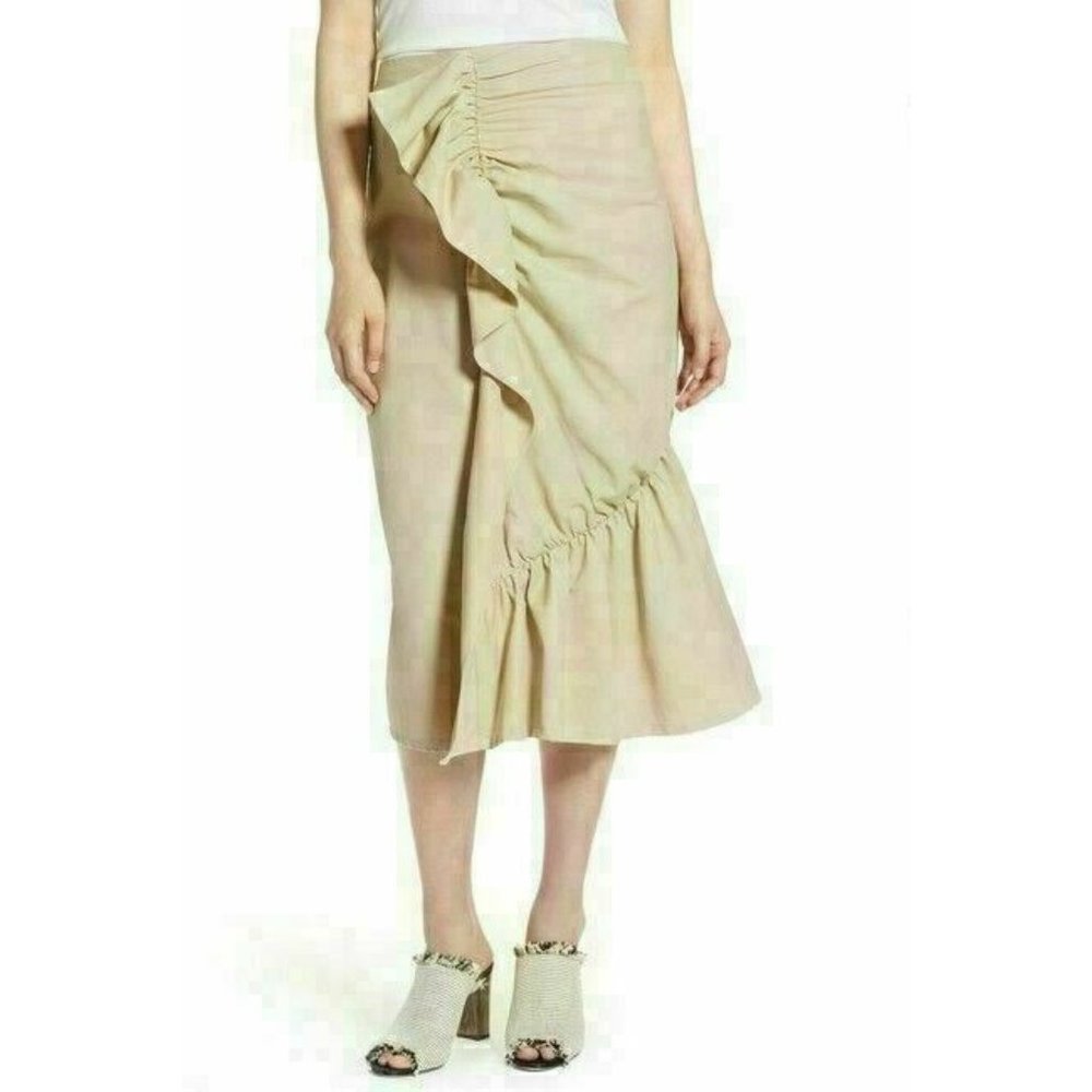 Halogen Womens Size 8 Beige Khaki Ruffle Front Cotton Blend Midi Skirt